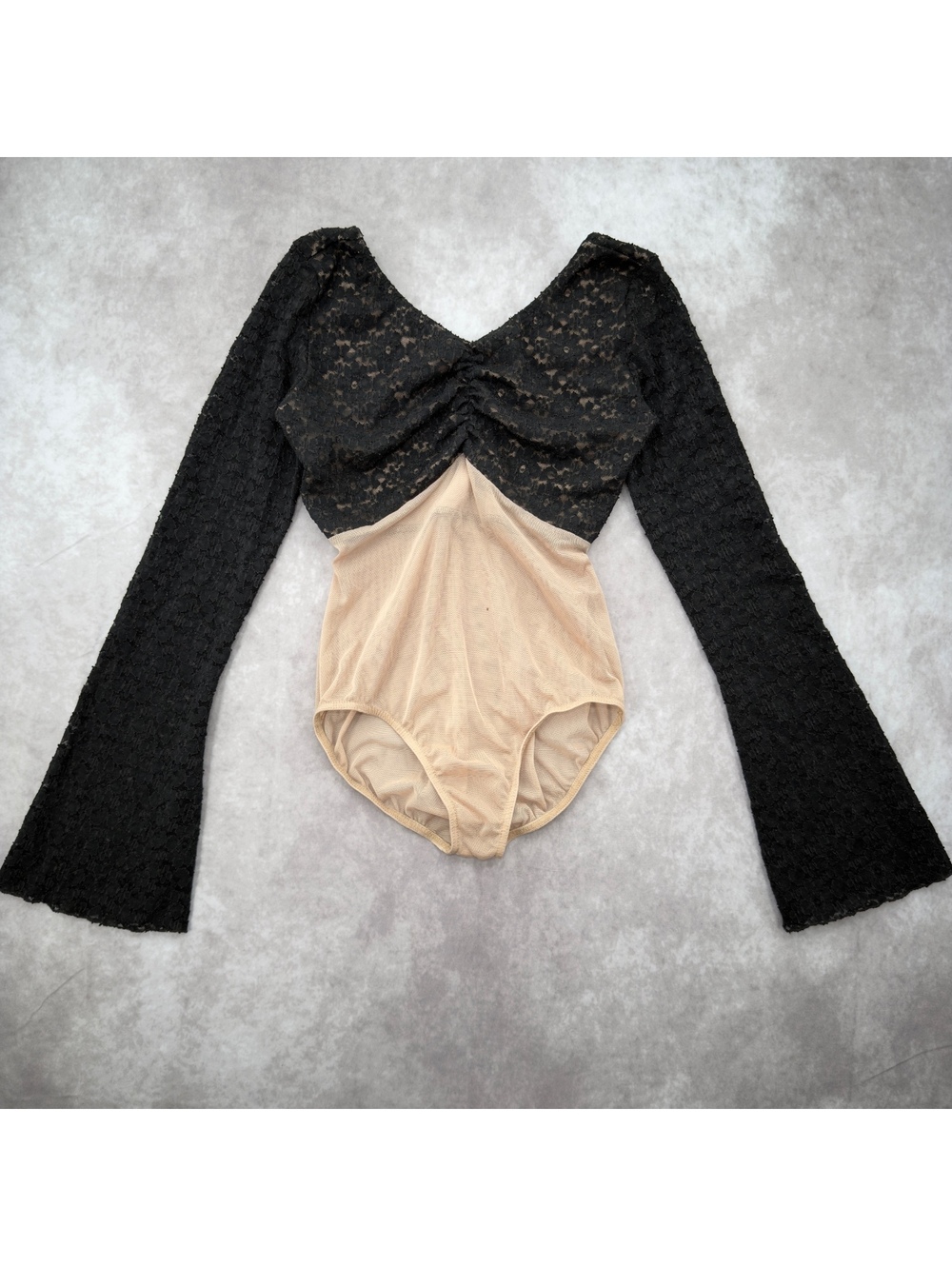 Vintage A Wish Come True black lace bell sleeve nude mesh leotard bodysuit